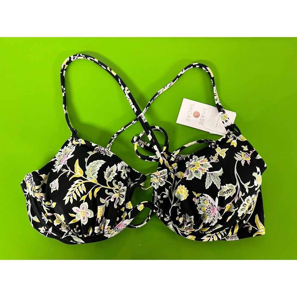 NEW Shade & Shore Women's Underwire Tie Cross Bikini Top Black Floral Print 36B